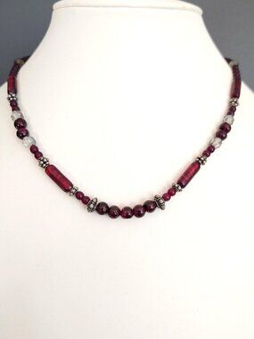 Red glass beaded necklace with silver and clear bead accents